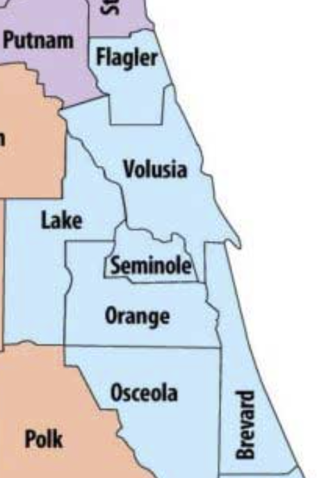 Map highlighting Volusia, Flagler, Lake, Seminole, Orange, Osceola, and Brevard Counties in Florida
